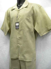 Khaki Men's Big Size Linen 2 Piece Short Sleeve Casual Outfit Casual Two Piece Mens Walking Outfit For Sale Pant Sets Suit