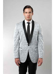 Men'S Tuxedo Floral Satin Shiny Black Lapel Two Toned Blazer Dinner Jacket Paisley Sport Coat Flashy Silky Satin Stage Fancy Stage Party Dance Jacket Silver Light Gray ~ Grey