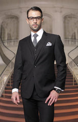 Men's Big And Tall Or Extra Long Tall Vested Three piece 100% Wool Italian Dress Suit Black