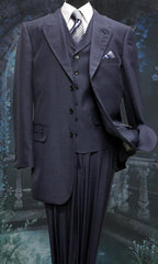 Mens Three Piece Suit - Vested Suit Mens Dark Navy One Besom Breast Pocket Fashion Suit