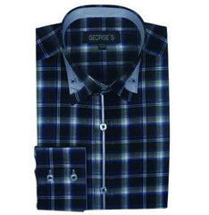 Navy Long Sleeve Plaids And Checks Pattern Men's Dress Shirt