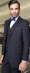 Mens Three Piece Suit - Vested Suit Mens Dark Navy Slim Fitted Cut Skinny Lapel Suit