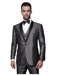 Classic Vested 1 Button Shawl Collar Charcoal Grey Sheen Look With Black Lapel Suit  Flat - Three Piece Suit