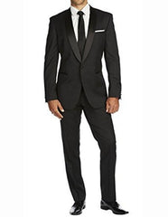 Men's One Button Slim Fit Solid Black Side Vents Tuxedo Suit With Shawl Lapel