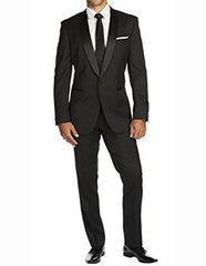 Men'S One Button Slim Fit Solid Black Side Vents Tuxedo Suit With Shawl Lapel