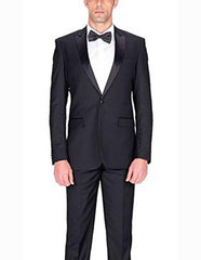 Authentic Braveman Men's 1 Button  Black Slim Fit Tuxedo Suit With Satin Peak Lapels