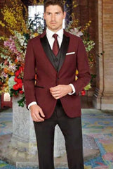 Men'S Peak Lapel Slim Fit Black And Burgundy ~ Wine ~ Maroon Color 1 Button Satin Vest Arlan Tuxedo With Black Pant Burgundy Tuxedo