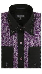 Two Toned Lay Down Collar Solid Accents Microfiber Design Paisley Regular Fit Pink Purple and Black Men's Dress Shirt