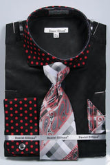 Polka Dot French  Cuffed Matching Black/Red Shirt & Tie Combo Set