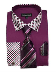 Rose Purple Cotton Blend Solid/Polka Dot Pattern Matching Tie & Hanky Men's Dress Shirt