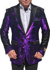 Purple Paisley Look Shiny Sequin Black Lapel Tuxedo Sport Coat Jacket