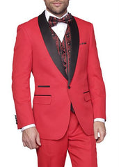 Slim Fit Red And Black Lapel Tuxedo Toned Lapel Red 1-Button Tuxedo Jacket And Pants Only $139 - Red Tuxedo