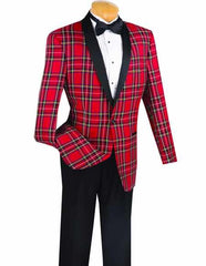 Men's Shawl Lapel Red Plaid ~ Windowpane Dinner Cheap Priced Blazer Jacket For Men & Sport coat Jacket