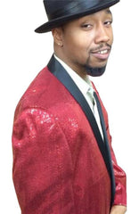 Alberto Nardoni Red Shiny Sequin Tuxedo Black Lapel Paisley Look Sport Jacket ~ Coat - Red Tuxedo