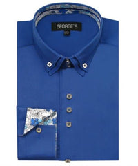 Men's Royal Blue 60% Cotton 40% POLY Shirt Double Collar Design Sleeves Solid Color