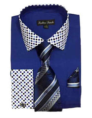 Solid/Polka Dot Pattern Cotten Blend Royal Blue Shirt With Tie & Hanky Men's Dress Shirt