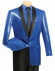 Shiny Flashy Sharkskin Metallic Sapphire Blue Sequin Formal Royal Color Tuxedo Shawl Lapel Sportcoat Jacket