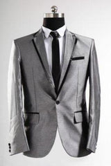 Men'S Shiny Flashy Sharkskin Silver Grey ~ Gray With Black Trim Tuxedo Suits Jacket Blazer