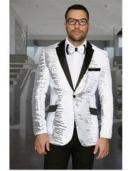 Men'S Shiny Sequin 1 Button White & Black Blazer ~ Black Dinner Jacket