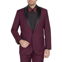 Men'S 1 Button Black And Burgundy ~ Wine ~ Maroon Suit Tuxedo Peak Lapel Suit Dinner Jacket Black Lapel Burgundy Tuxedo