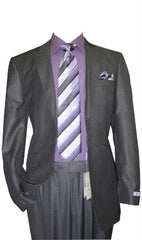 1 Button Peak Lapel Sharkskin Charcoal Wool Blend Flat Front Fitted Suit