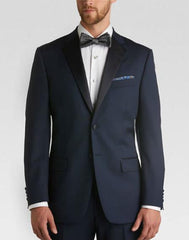 Men'S Satin Lapel Classic Slim Fit Tuxedo With Flat-Front Pants Navy