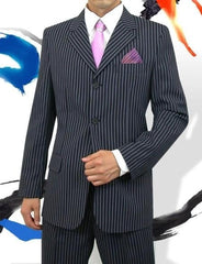 Sharp Cheap Priced Men's Dress Suit For Sale 3 Button Style Dark Navy Pinstripe Light Weight On Sale Dark Blue Suit