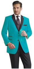 Men'S Slim Turquoise ~ Aqua & Black Lapel Tuxedo Dinner Jacket Blazer ~ Sport Coat + Free Black Vest & Black Pants Included