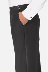 Men'S Satin Stripe Black Polyester Classic Fit Plain Front Tuxedo Pants