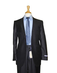 1 Button Dark Navy Solid 100% Wool Flat Front Fitted Suit