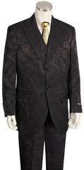 Men'S Fashion 3 Piece Paisley Printed Fashion Suit Wide Leg Pants Black & Dark Brown Blazer Looking