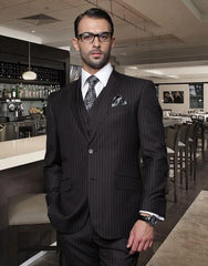 Classic 3PC Vested 2 Button Jet Black Chalk White Pinstripe Suit Super 150s Extra Fine Italian Fabric - Three Piece Suit