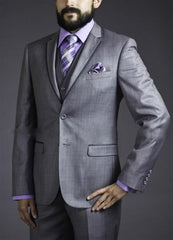 Slim Fit Suit Tapered Leg Lower rise Pants & Get skinny Two Button Three Piece Grey Sharkskin Suit with Contrast Taping