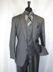 Vinci Men's Shadow Stripe Style Two Buttons Medium Grey  Vested Suit