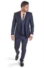 Two Button 3 Piece Suit Men Plaid Dark Navy Blue Suit For Men Slim Fit Double Side Vests