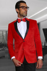 Men's Red  Velvet Fabric Black Lapeled Tuxedo Discounted Cheap Priced velour Blazer Jacket For Men Sportcoat Jacket  on Sale - Red Tuxedo