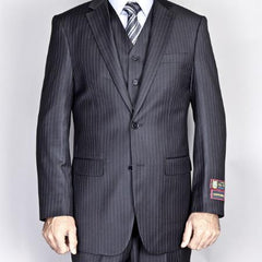 Men's Side Vented Jacket & Flat Front Pants Black Pinstripe 2-Button Vested Suit