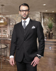 Nice 2 Button Solid Color Black Men'S Suit With A Vest 3 Piece Tapered Slim Fitted Flat Front Pants