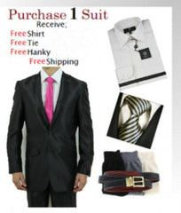 Men's 2 Button Black Shark Skin Suit SHINNY - Dress Shirt, Free Tie & Hankie Package Combo ~ Combination