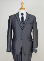 Men's 3 Piece Slim Cut Suit - Contrast Trim & Adjustable Waist Gray - Three Piece Suit