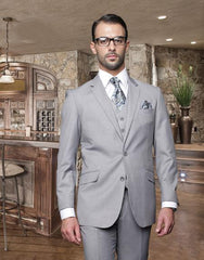 2 Button Light Gray ~ Grey Suit With A Vest Super 150'S Italian Pick Stitched Lapel Slanted Pocket  - Three Piece Suit - 100% Percent Wool Fabric Suit - Worsted Wool Business Suit