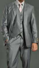 Men'S Two Button Vested Shiny Flashy Metallic Light Grey Slim Fit Suit