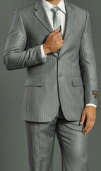 Men'S Two Buttons Light Grey Stripe ~ Pinstripe Suit No Pleated Pants Side Vent Regular Fit