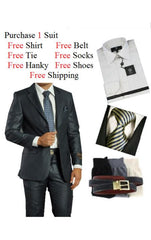 Men's 2 Piece Two Button Dark Navy Suit- Dress Shirt, Free Tie & Hankie Package Combo ~ Combination