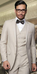 Men'S 2 Button Vested 3 Pieces 3PC Slim Fitted Cut Skinny Lapel Poly Rayon Suit Tan ~ Beige