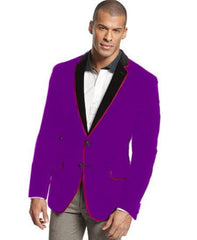 Velvet Velour Men'S Blazer Formal Sport Coat Two Tone Trimming Notch Collar Dark Purple