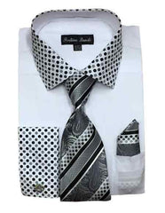 Cotton Blend White Solid/Polka Dot Pattern With Tie & Hanky Men's Dress Shirt