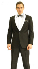 Single Button Black And White Shawl Lapel Suit Dinner Jacket  & Black Pants Fashion Tuxedo For Men