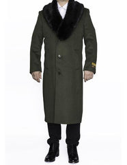 Men's Olive Green Removable Fur Collar Full Length Wool Overcoat