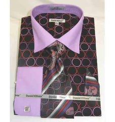 100% Cotton Circle Multi Pattern Black Lilac French Cuff Men's Dress Shirt